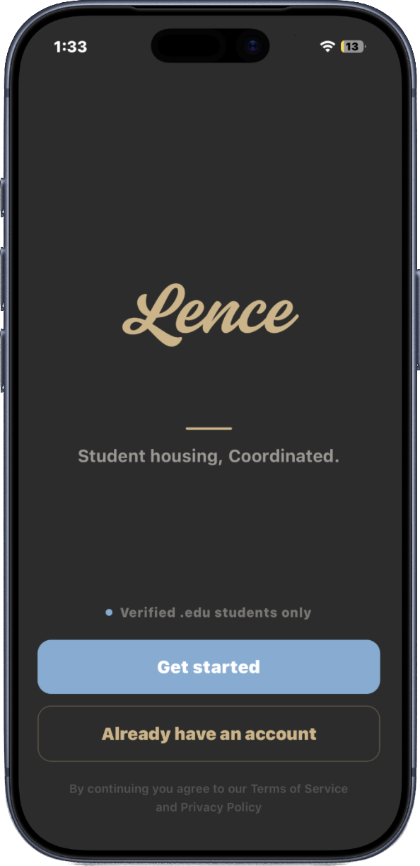 Lence app opening screen